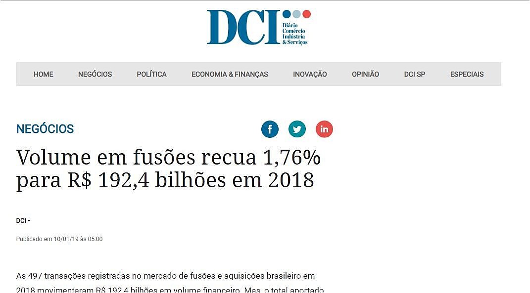 Volume em fuses recua 1,76% para R$ 192,4 bilhes em 2018